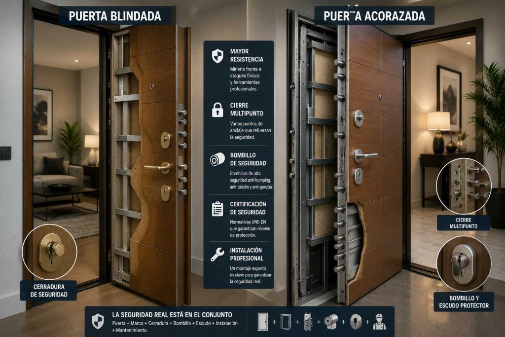 Comparativa entre puerta blindada y puerta acorazada mostrando estructura y sistemas de seguridad