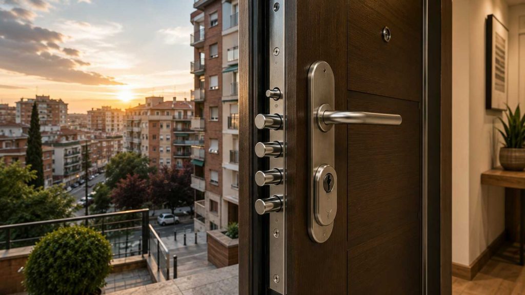Vivienda protegida en Carabanchel con puerta de alta seguridad, cerradura reforzada y sistemas de protección residencial
