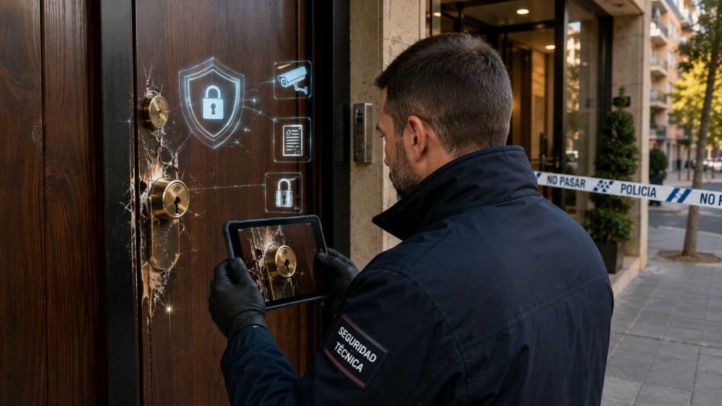 Técnico de seguridad inspeccionando una puerta con marcas de intento de robo en una vivienda de Madrid para documentar daños y reforzar la protección