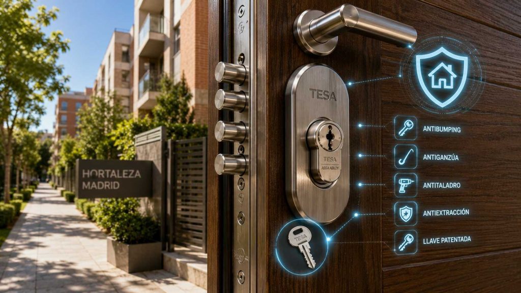 Cerradura de seguridad con bombín antibumping y escudo protector instalada en una vivienda residencial de Hortaleza en Madrid