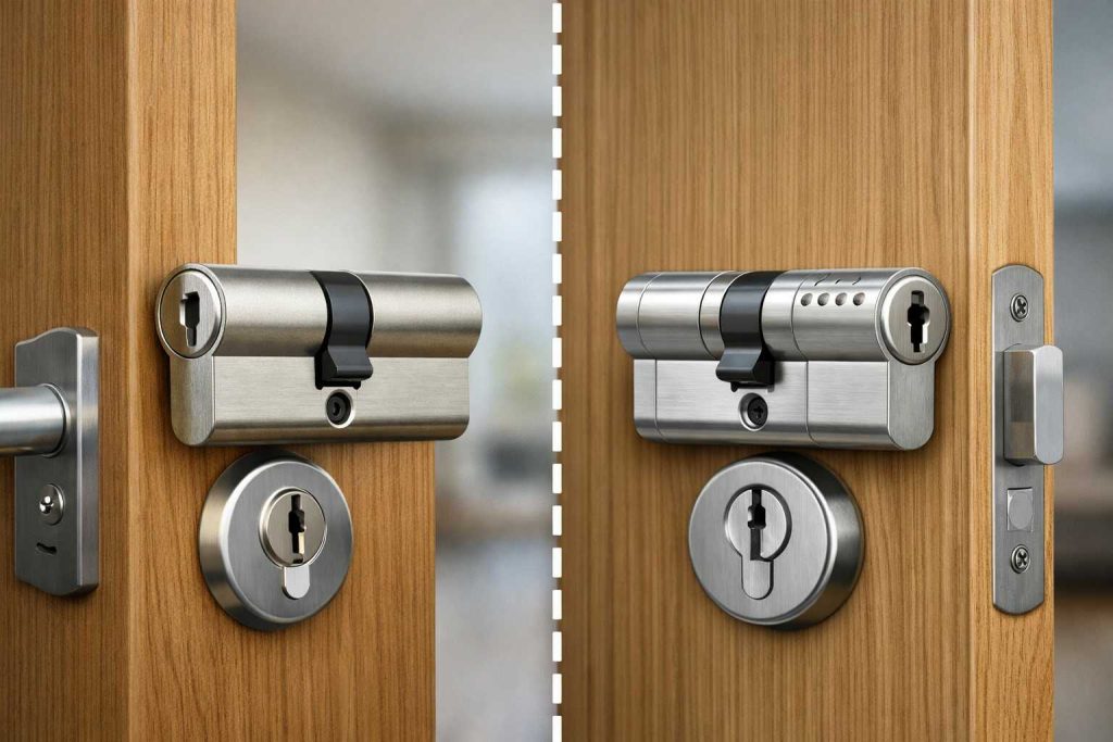 Comparativa entre bombillo simple y bombillo de seguridad en puerta