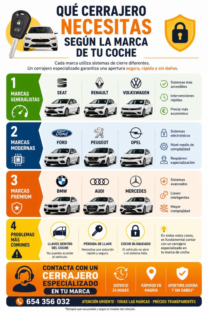 Infografía sobre Qué cerrajero necesitas según la marca de tú coche