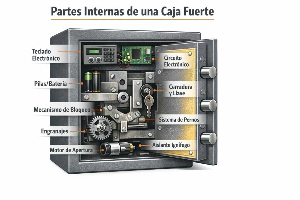 Imagen sobre las partes o mecanismos internos de una caja fuerte