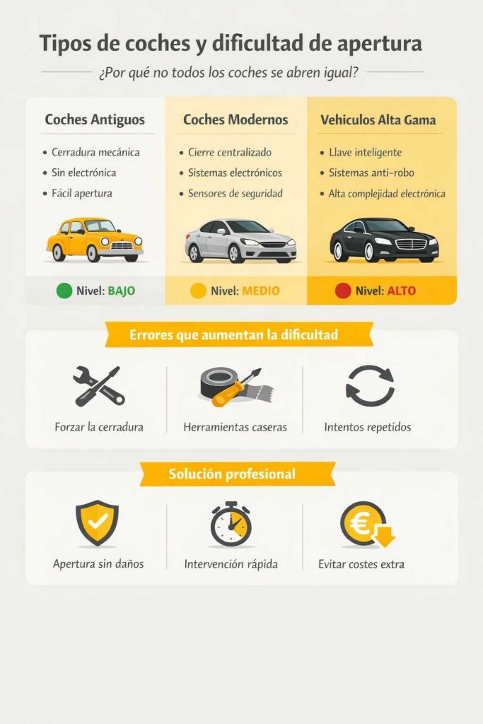 Infografía comparativa entre tipos de coches y su dificultad de apertura