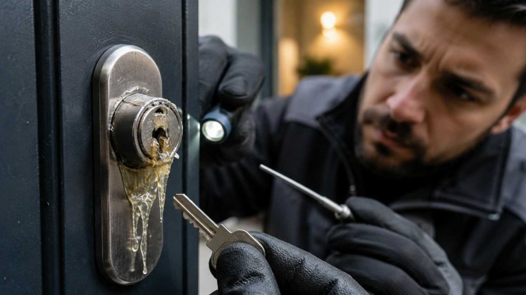 Cerrajero reparando cerradura con pegamento