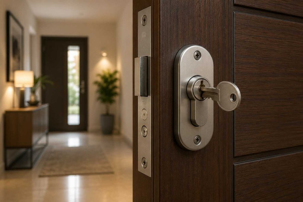 Llave puesta por dentro en una cerradura de puerta de vivienda mostrando riesgos de seguridad y acceso