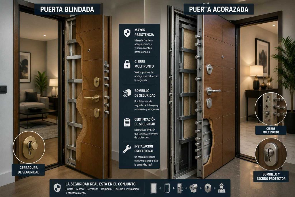 Comparativa entre puerta blindada y puerta acorazada mostrando estructura y sistemas de seguridad