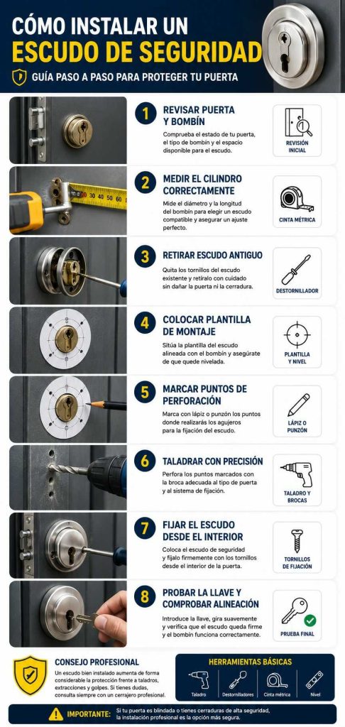 Infografía detallada con los pasos para montar un escudo de seguridad