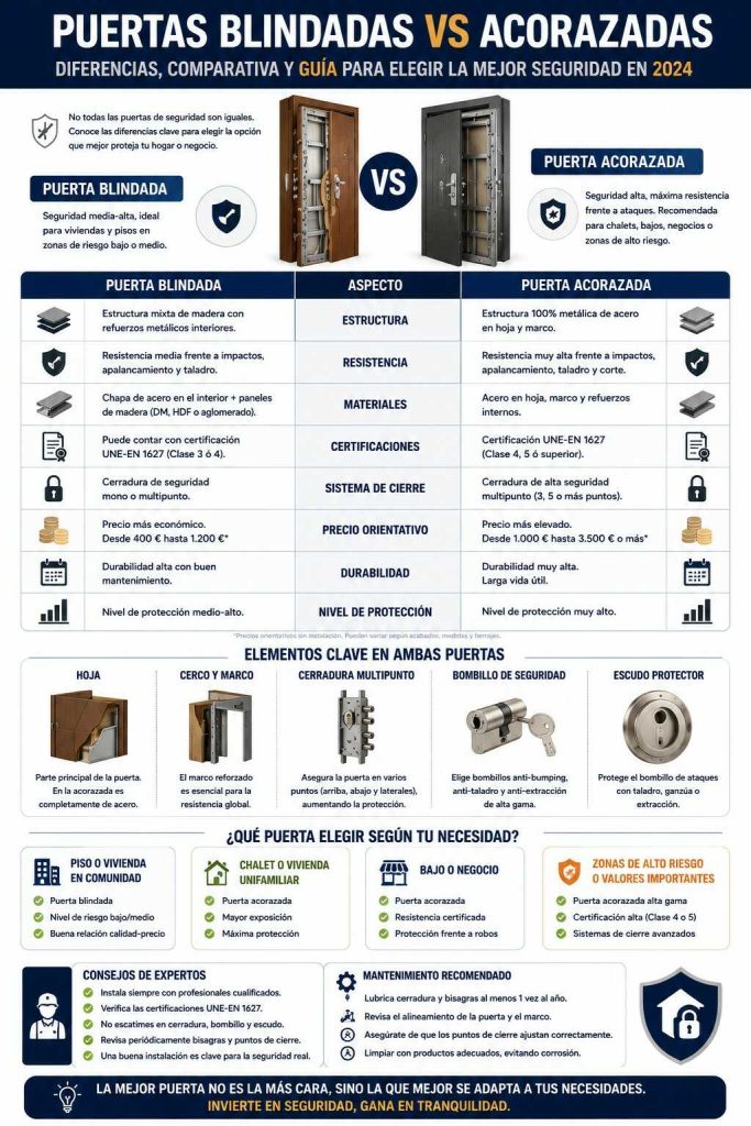 Infografía comparativa entre puertas blindadas y puertas acorazadas con ventajas y niveles de seguridad