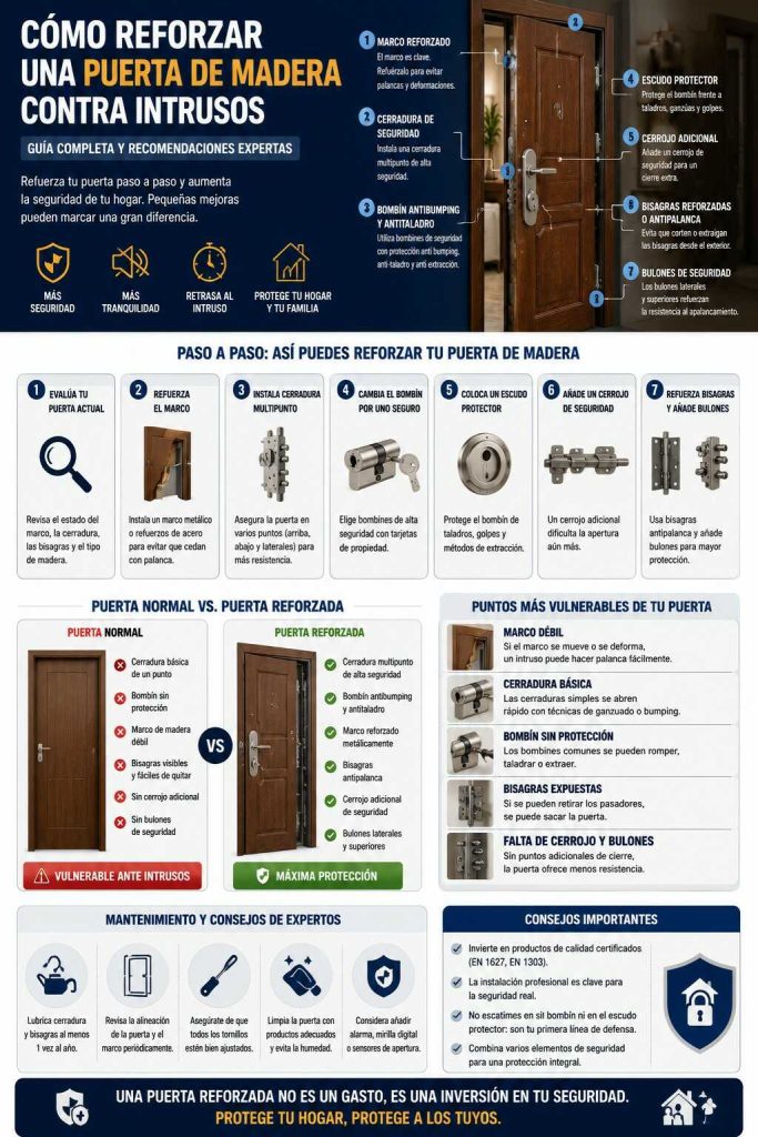 Infografía sobre cómo reforzar una puerta de madera contra intrusos paso a paso