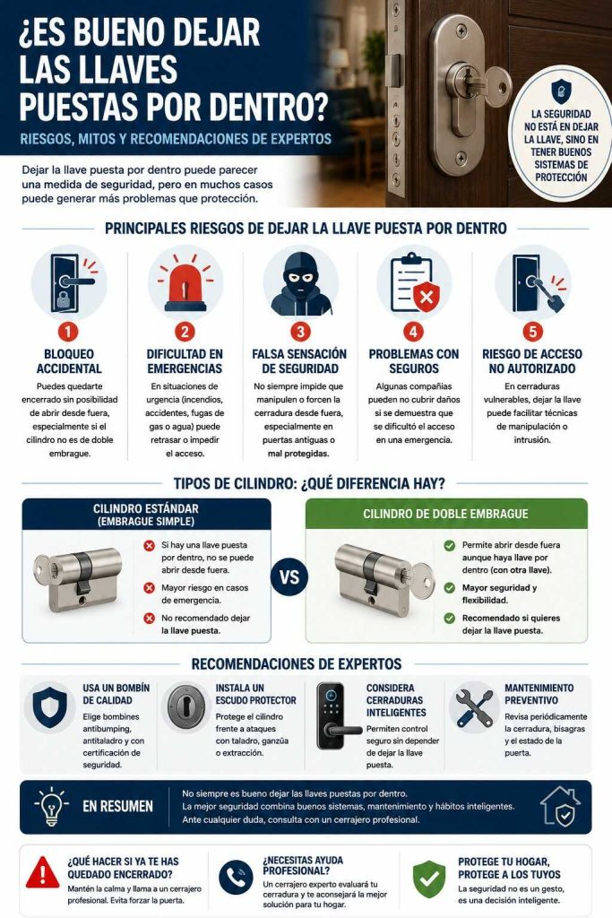 Infografía sobre los riesgos de dejar la llave puesta por dentro y soluciones de seguridad recomendadas