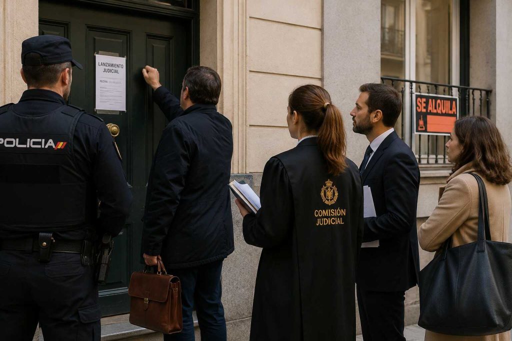 Lanzamiento judicial de vivienda en España con comisión judicial y propietario recuperando la posesión del inmueble