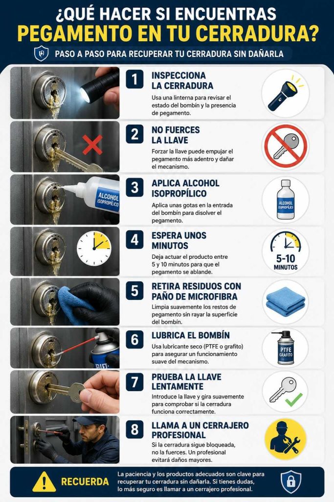 Infografia sobre lo que hacer cuando te encuentras pegamento en la cerradura