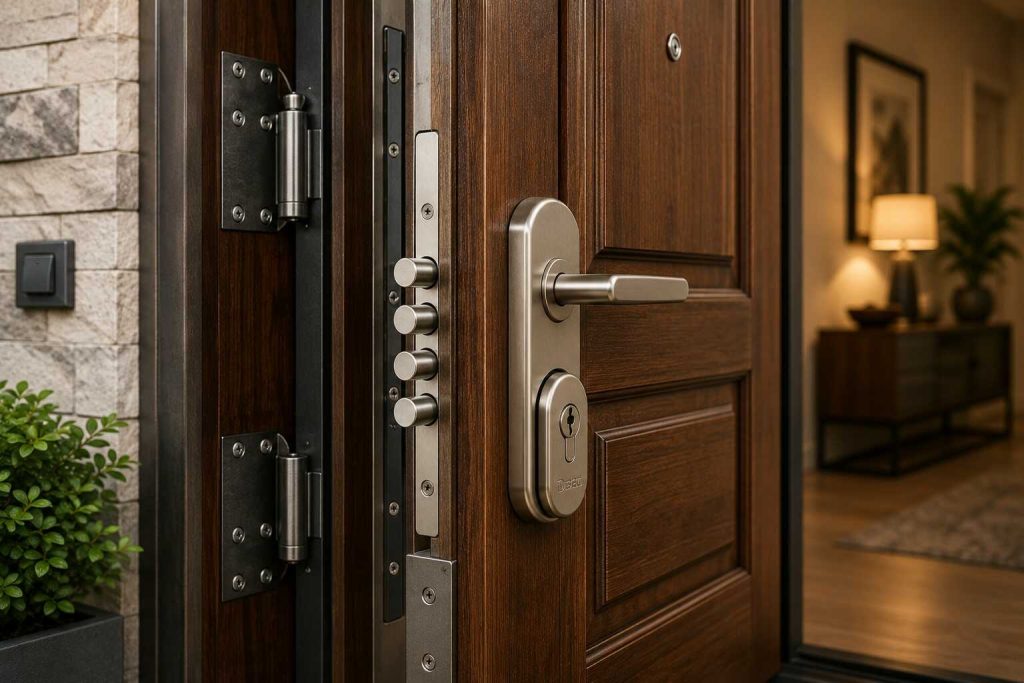 Puerta de madera reforzada con cerradura de seguridad, escudo protector y refuerzo metálico contra intrusos
