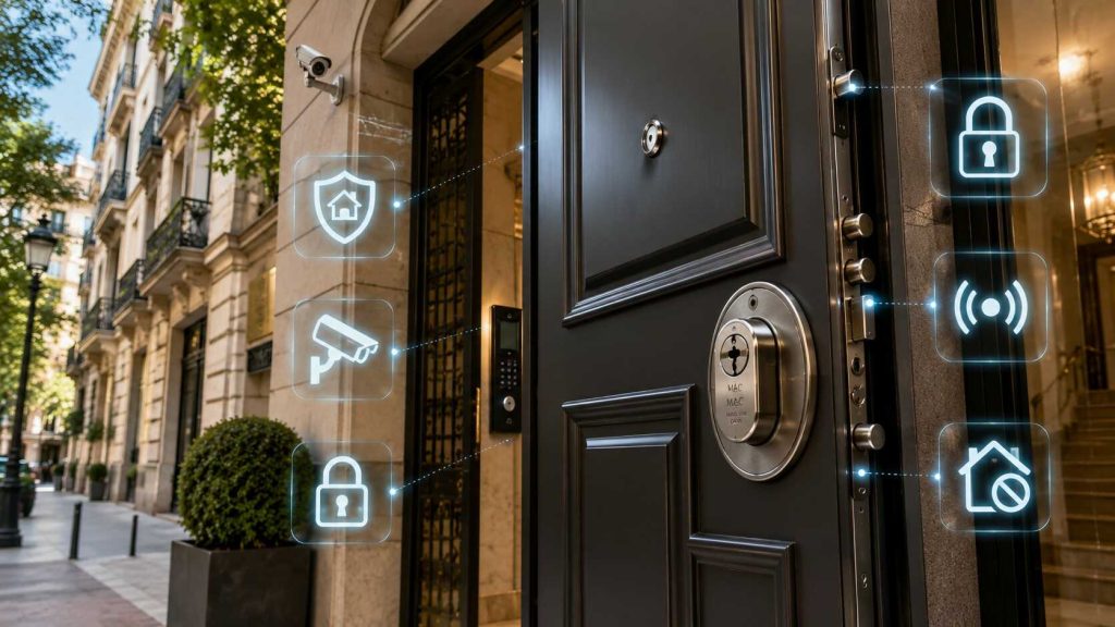 Puerta acorazada de alta seguridad instalada en una vivienda del Barrio de Salamanca con sistemas de protección antiocupación y cerradura antibumping