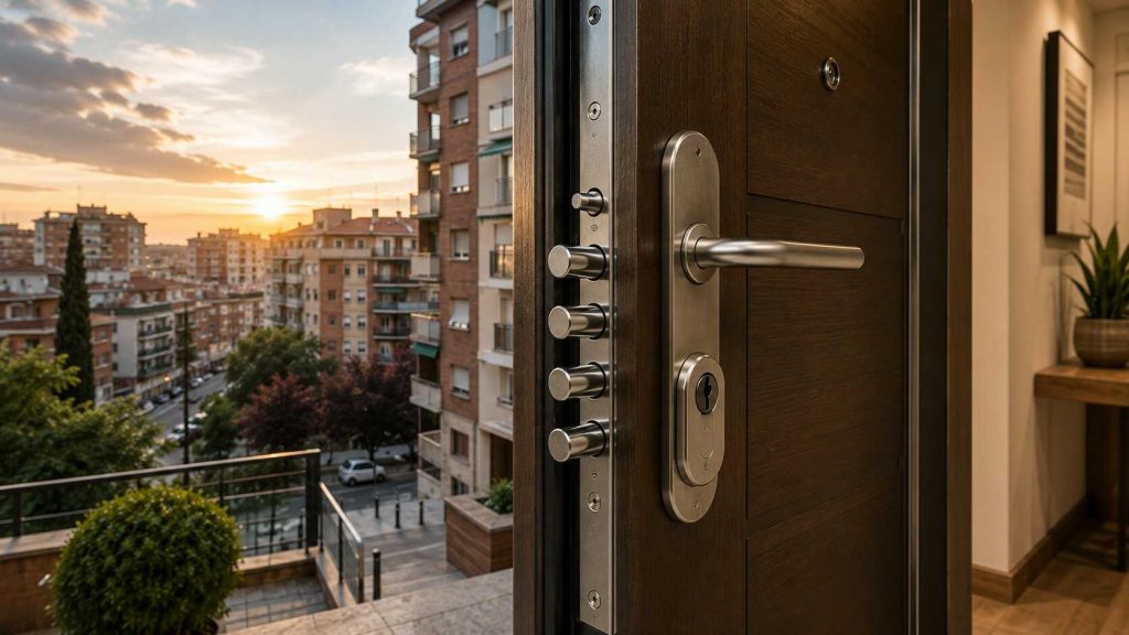 Vivienda protegida en Carabanchel con puerta de alta seguridad, cerradura reforzada y sistemas de protección residencial