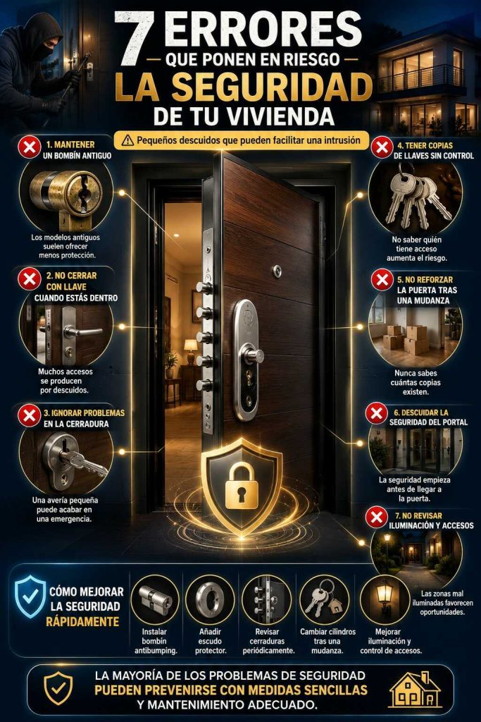 Infografía con siete errores frecuentes que reducen la seguridad de una vivienda y consejos para proteger puertas y cerraduras