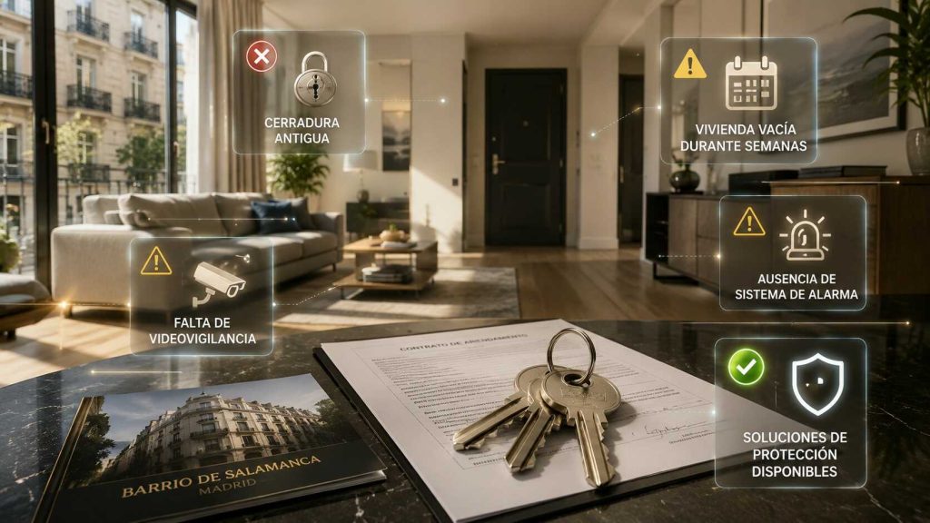 Vivienda vacía en el Barrio de Salamanca con llaves sobre una mesa y elementos visuales relacionados con la protección frente a ocupaciones y robos