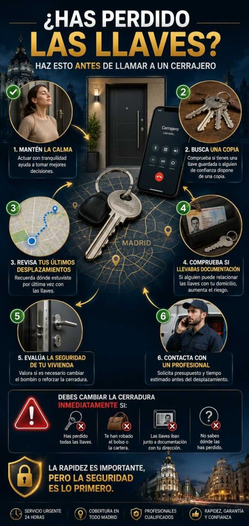 Infografía con los pasos recomendados para actuar correctamente tras perder las llaves de una vivienda en Madrid