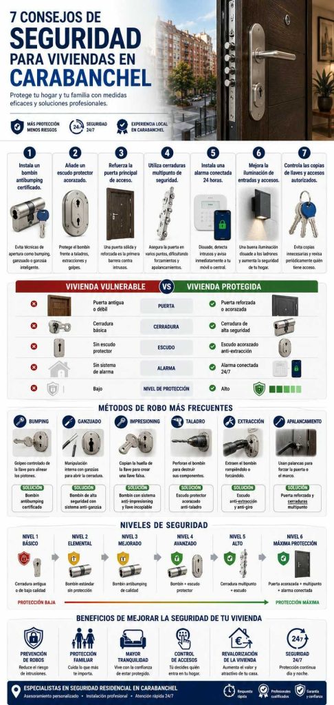 Infografía con consejos de seguridad para viviendas en Carabanchel y medidas para prevenir robos