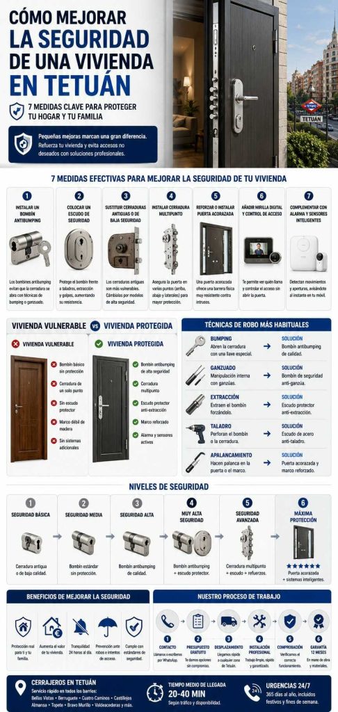 Infografía sobre cómo mejorar la seguridad de una vivienda en Tetuán con cerraduras de alta seguridad, puertas acorazadas y sistemas de protección