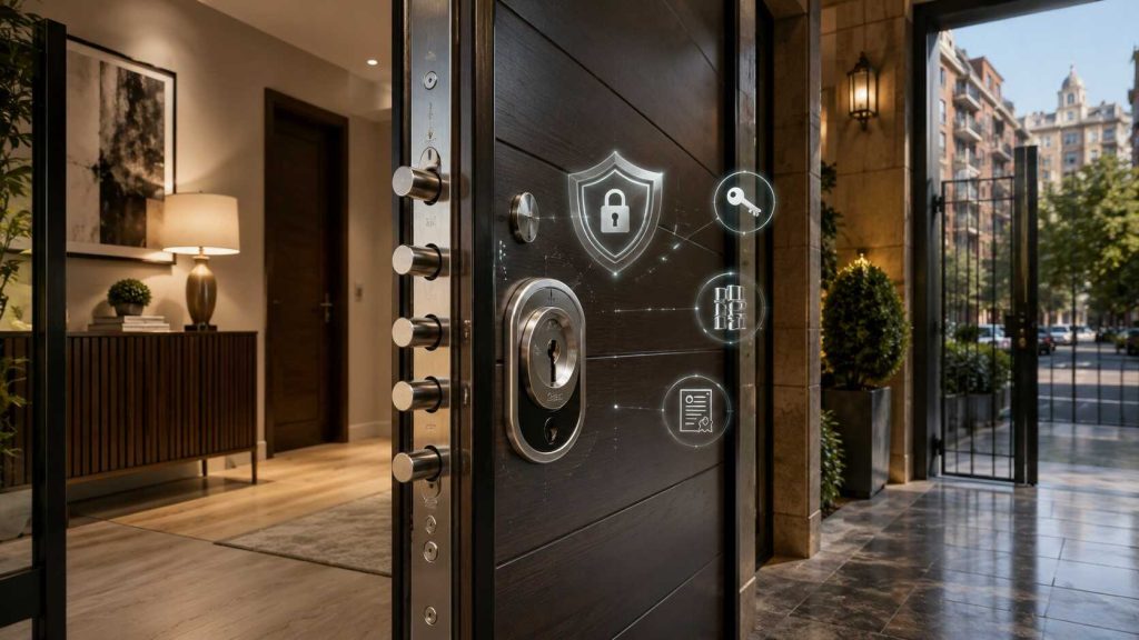Puerta acorazada de alta seguridad instalada en una vivienda de Chamartín con cerradura antibumping y sistema de protección antirrobo