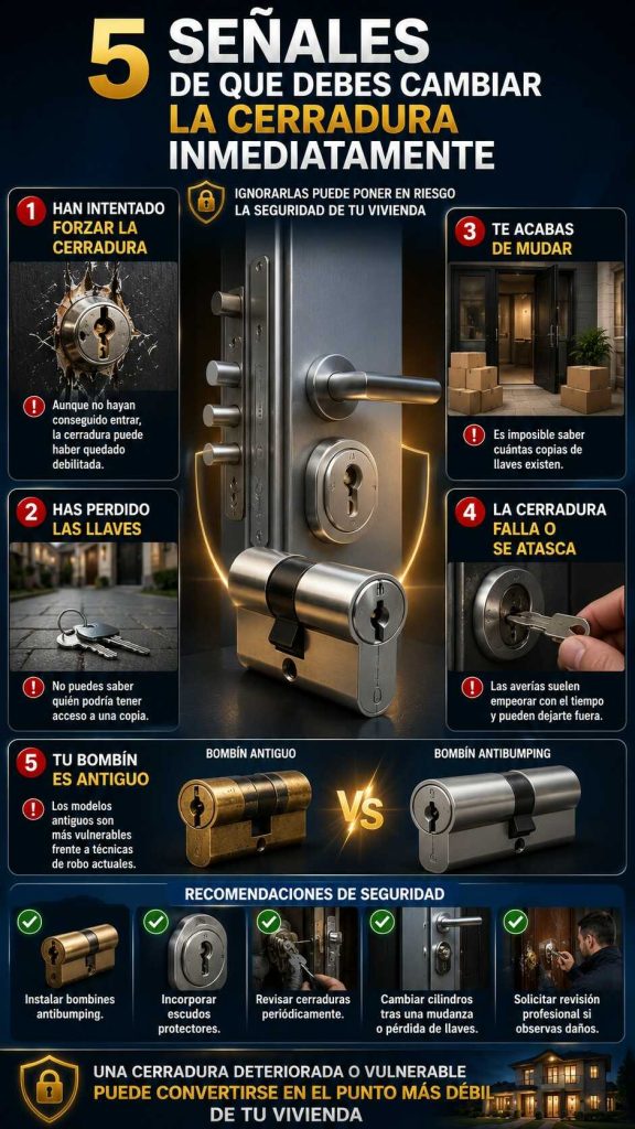 Infografía con cinco señales que indican la necesidad de cambiar una cerradura por motivos de seguridad y prevención de robos