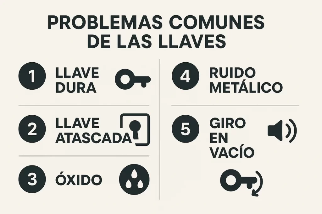 5 iconos : llave dura, llave atascada, óxido, ruido metálico y giro en vacío. Ideal para lectura rápida en móvil y para mejor