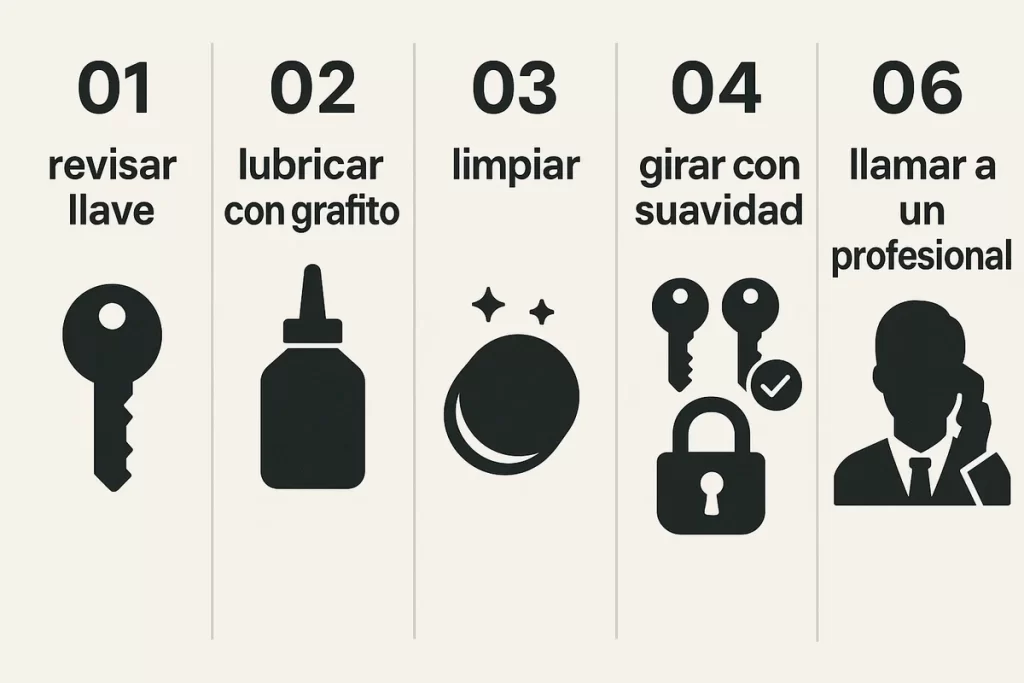 paso a paso con iconos: revisar llave, lubricar con grafito, limpiar, girar con suavidad, comprobar alineación y llamar a un