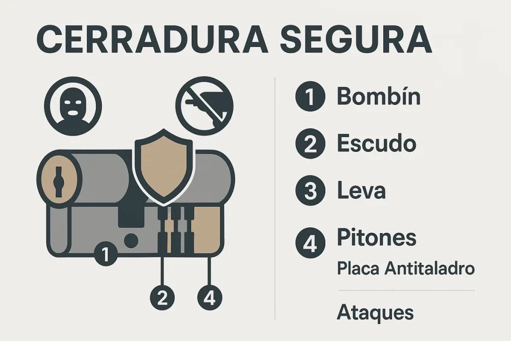 una cerradura segura mostrando bombín , escudo , leva, pitones, placa antitaladro y puntos de cierre, junto a los ataques que