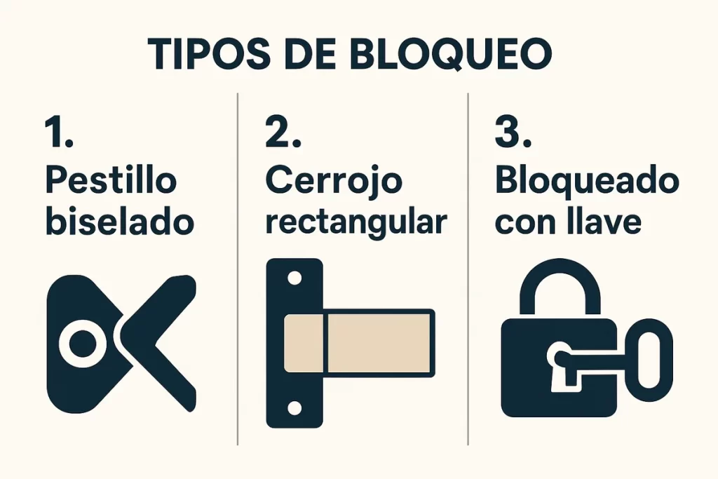 simple con dos piezas: 1. Pestillo biselado retráctil. 2. Cerrojo rectangular bloqueado con llave