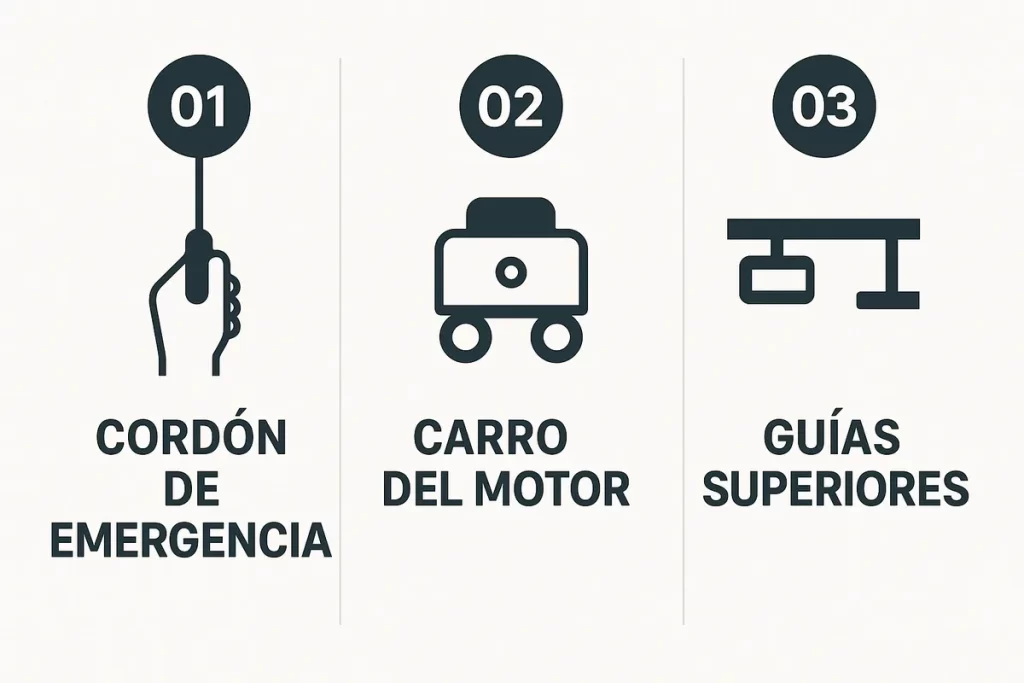 vista lateral de una puerta seccional con tres puntos señalados: cordón de emergencia, carro del motor y guías superiores