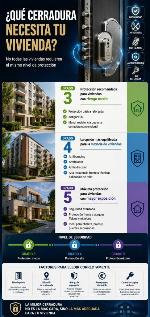 Infografía comparativa de cerraduras de seguridad grado 3, grado 4 y grado 5 para viviendas en Madrid