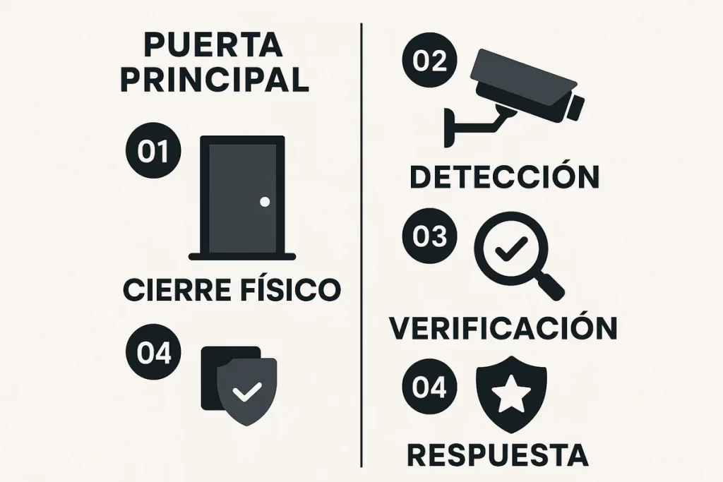 Cómo combinar cerraduras con sistemas de alarma Puerta principal: bombín antibumping + escudo acorazado. Cierre físico: cerra