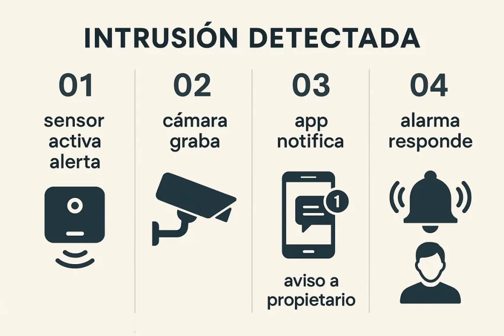 el flujo: Intrusión detectada → sensor activa alerta → cámara graba → app notifica → alarma responde → aviso a propietario o