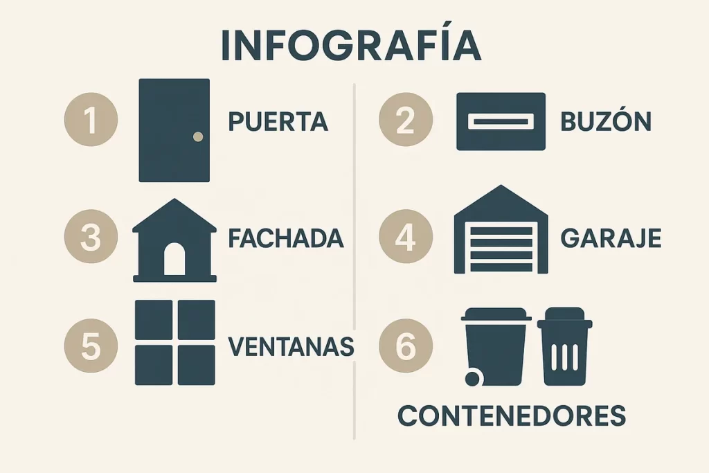 visual de una vivienda con puntos marcados: puerta, buzón, fachada, garaje, ventanas y contenedores cercanos