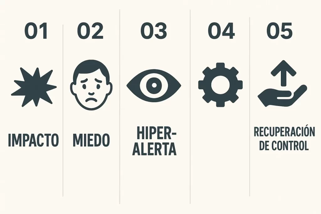 ciclo emocional post-robo: impacto → miedo → hiperalerta → reorganización → recuperación de control