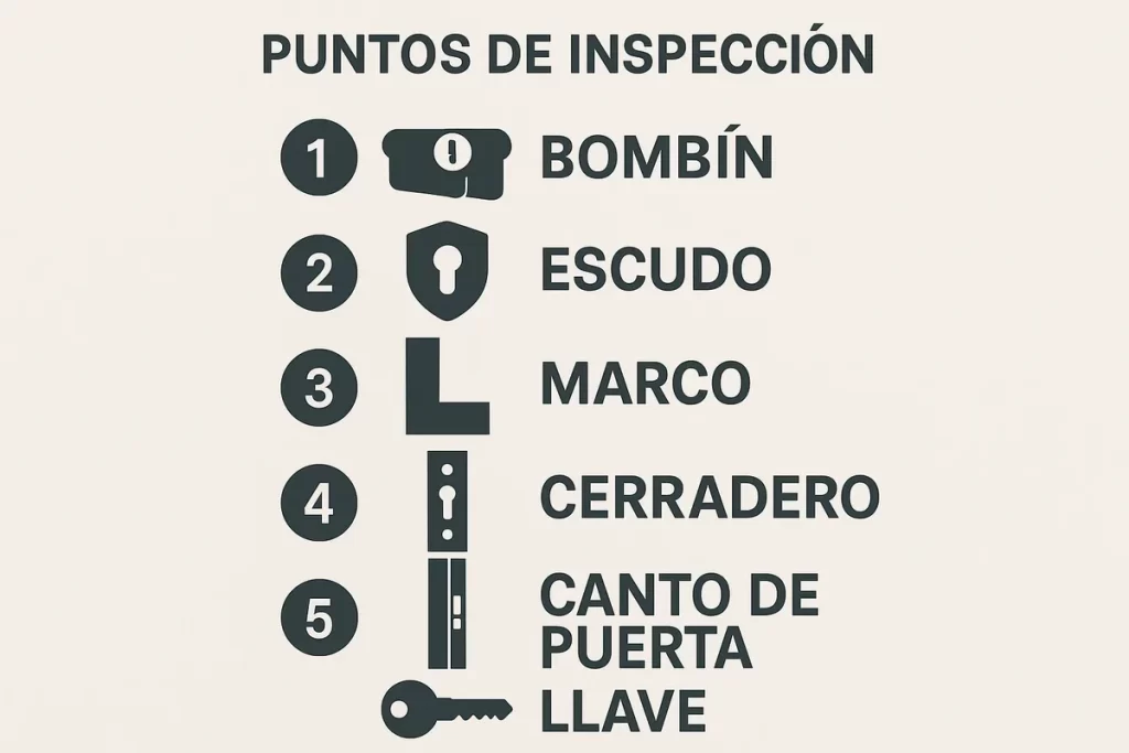 descargable con puntos de inspección: bombín, escudo, marco, cerradero, canto de puerta y llave
