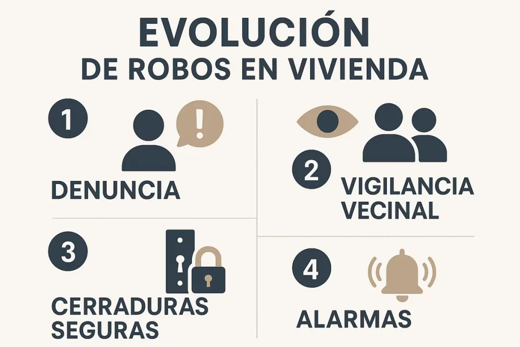 evolución de robos en vivienda según balances oficiales, junto a consejos preventivos clave: denuncia, vigilancia vecinal, ce