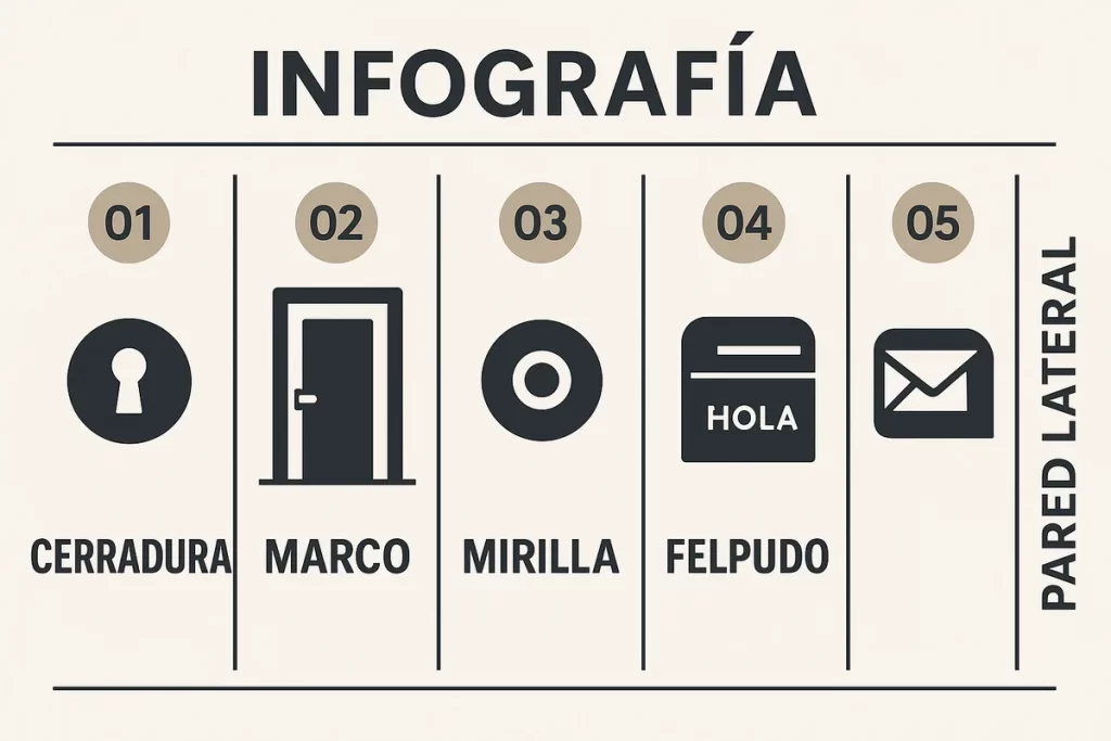 o esquema de una puerta con puntos señalados: cerradura, marco, mirilla, felpudo, buzón y pared lateral. Este recurso ayuda m