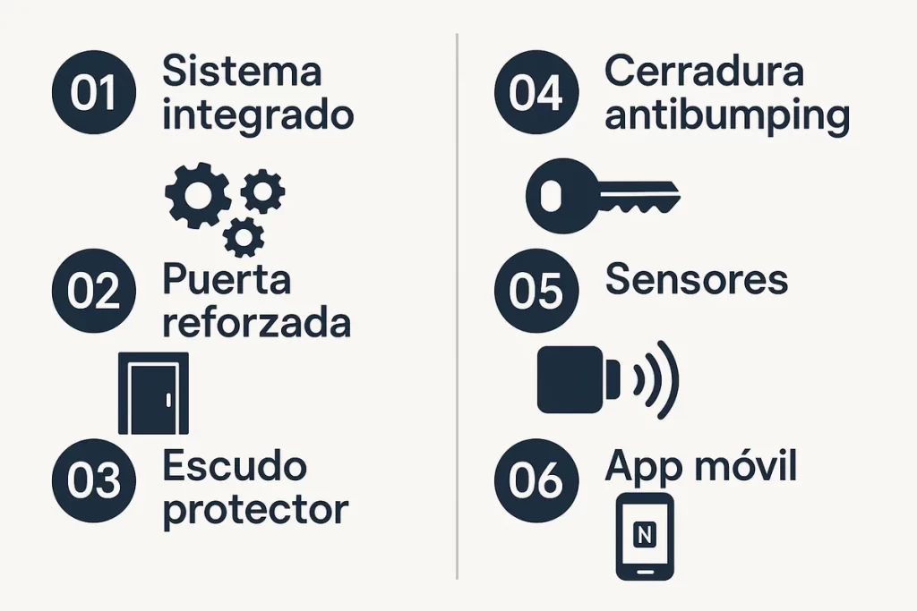sistema integrado con puerta reforzada, escudo protector, cerradura antibumping, sensores, cámara, alarma, app móvil y aviso