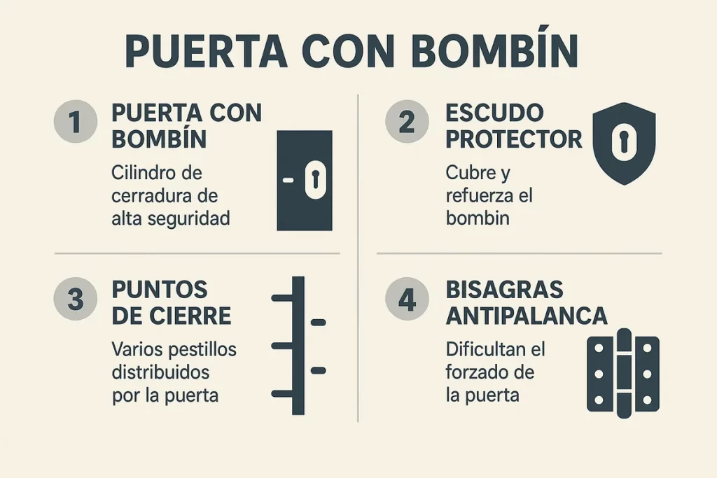 una puerta con bombín de seguridad, escudo protector, puntos de cierre y bisagras antipalanca