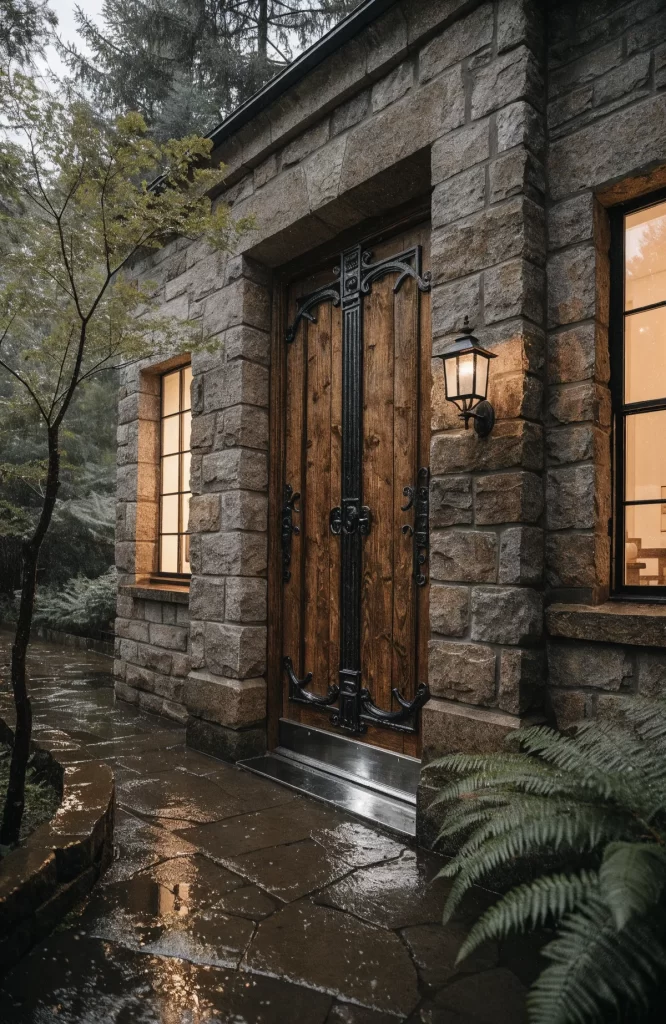 bloques tipo cita con foto ambiental de puerta reforzada, cámara exterior o vivienda con iluminación nocturna