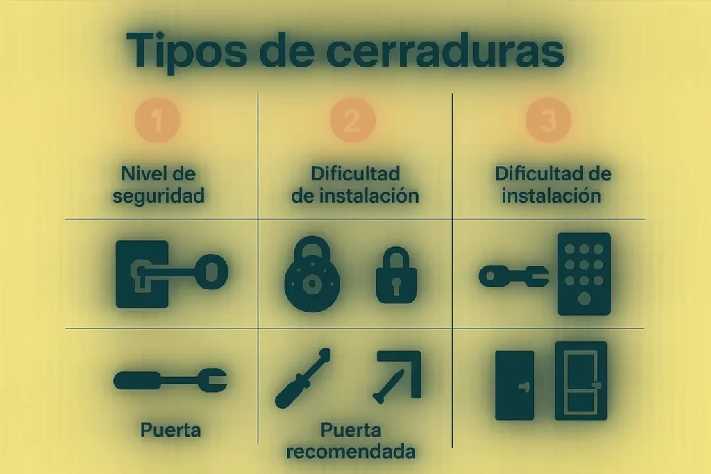 comparativa con iconos de cada tipo de cerradura, nivel de seguridad, dificultad de instalación y puerta recomendada