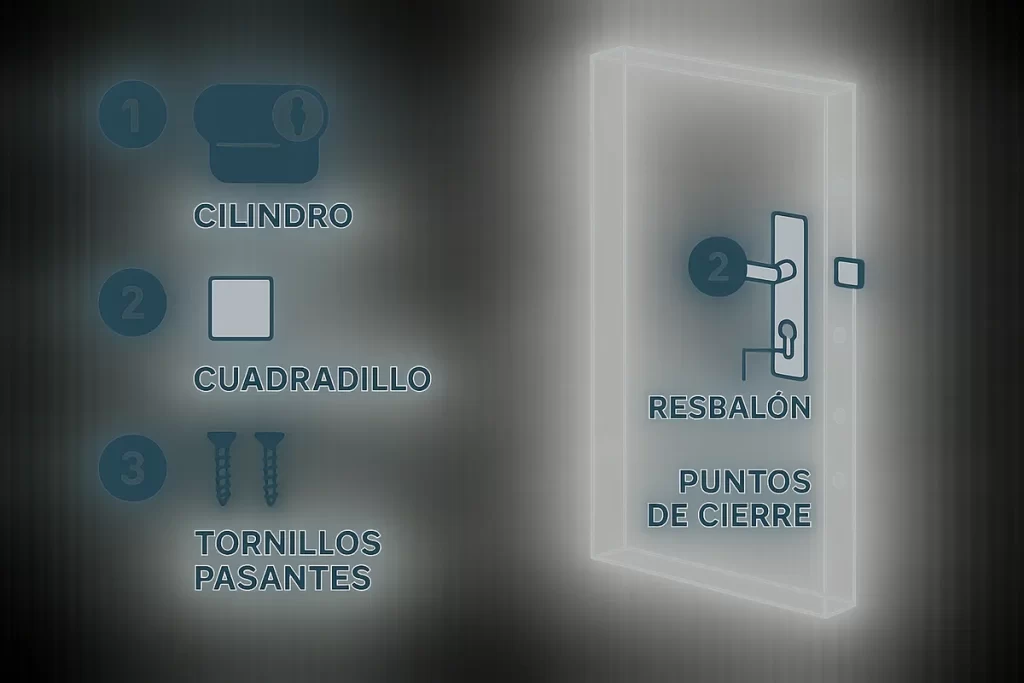 incluye un diagrama frontal de la puerta con etiquetas en el cilindro , el cuadradillo , los tornillos pasantes , el resbalón