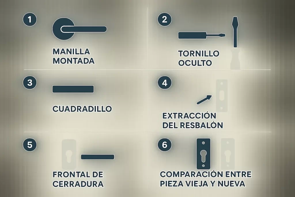 aquí encaja una infografía paso a paso con fotos propias : manilla montada, tornillo oculto, cuadradillo, frontal de cerradur
