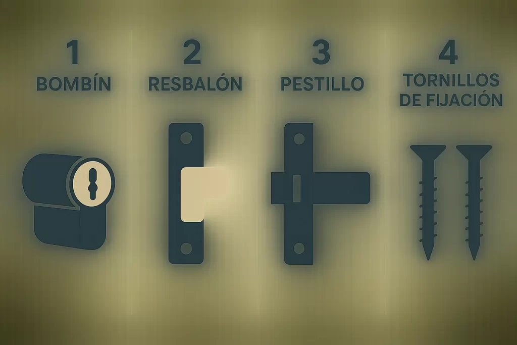 o esquema del canto de una puerta con la caja de la cerradura extraída, marcando bombín, resbalón, pestillo y tornillos de fi
