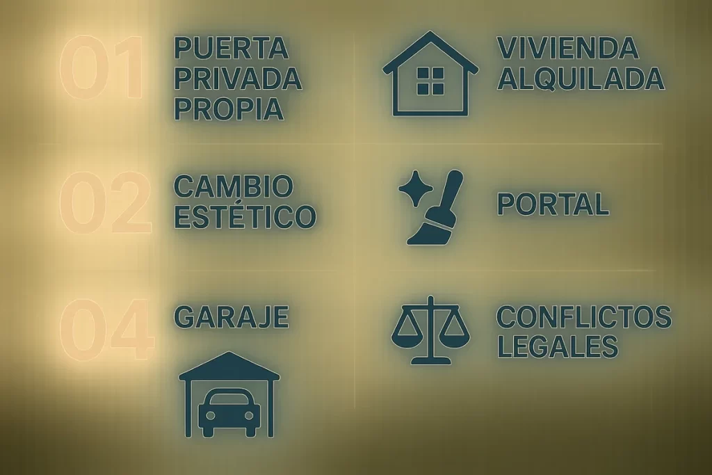 tipo semáforo: Verde: puerta privada propia. Amarillo: vivienda alquilada o cambio estético. Rojo: portal, garaje, zonas comu