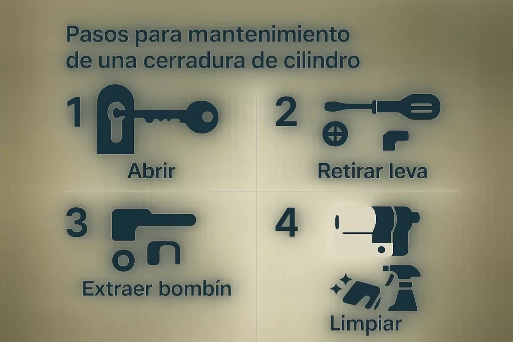 5 pasos para cambiar cerradura buzón paso a paso , con iconos: abrir, aflojar, retirar leva, extraer bombín, limpiar
