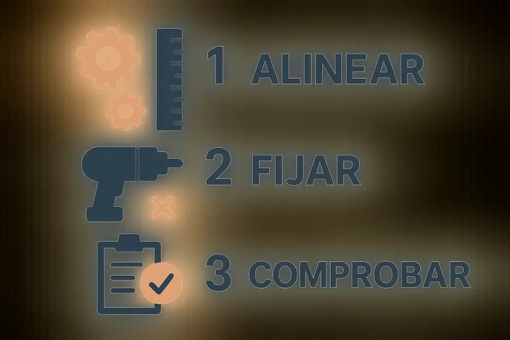 una infografía con tres bloques —alinear, fijar y comprobar— ayuda a evitar los fallos más habituales